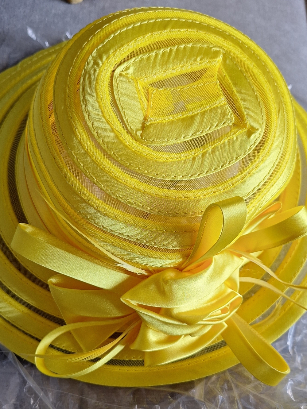 FADVES Elegant Yellow Satin Ribbon Flower Hat